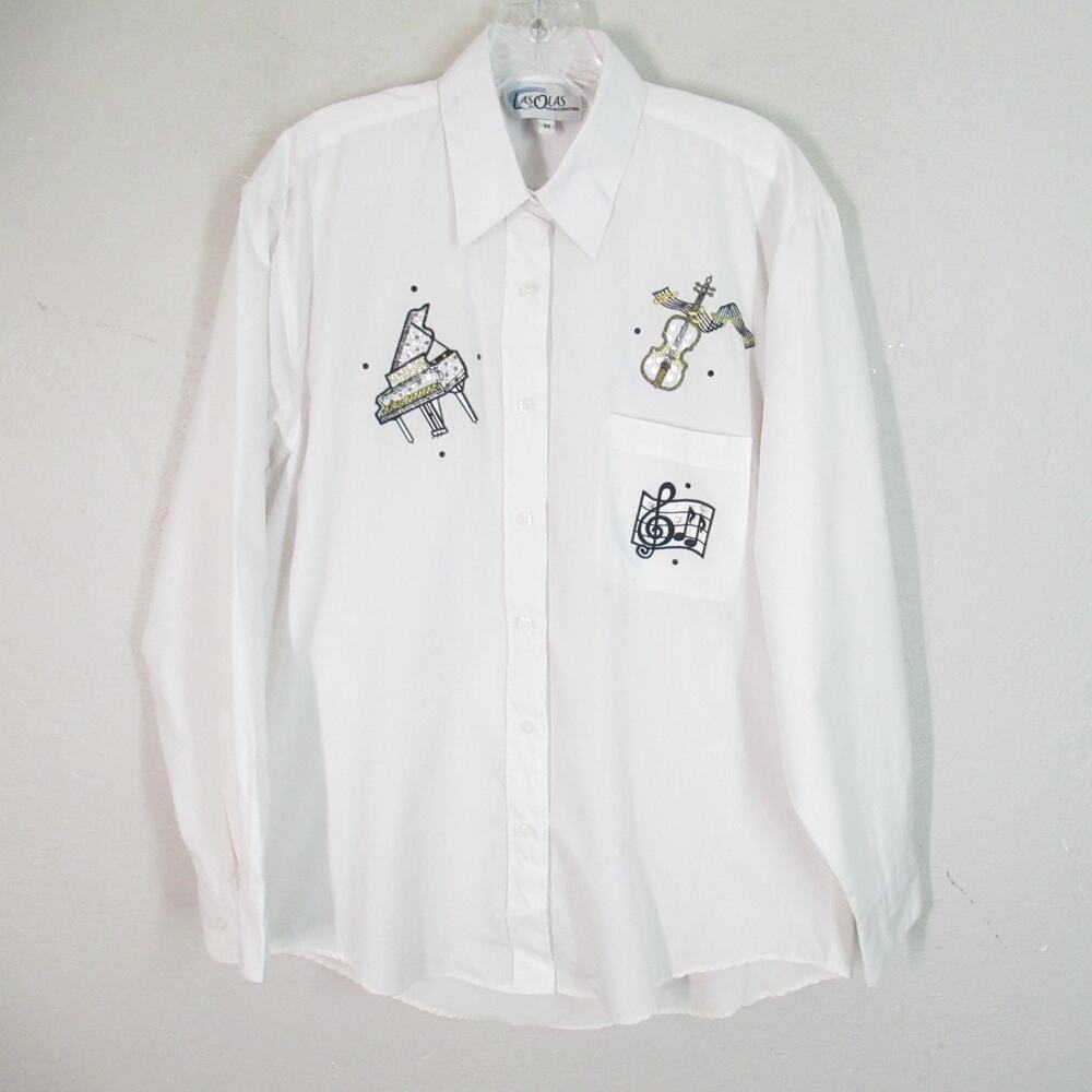 Vtg Las Olas Top L White Black White Blink Piano Music Violin Embroidered